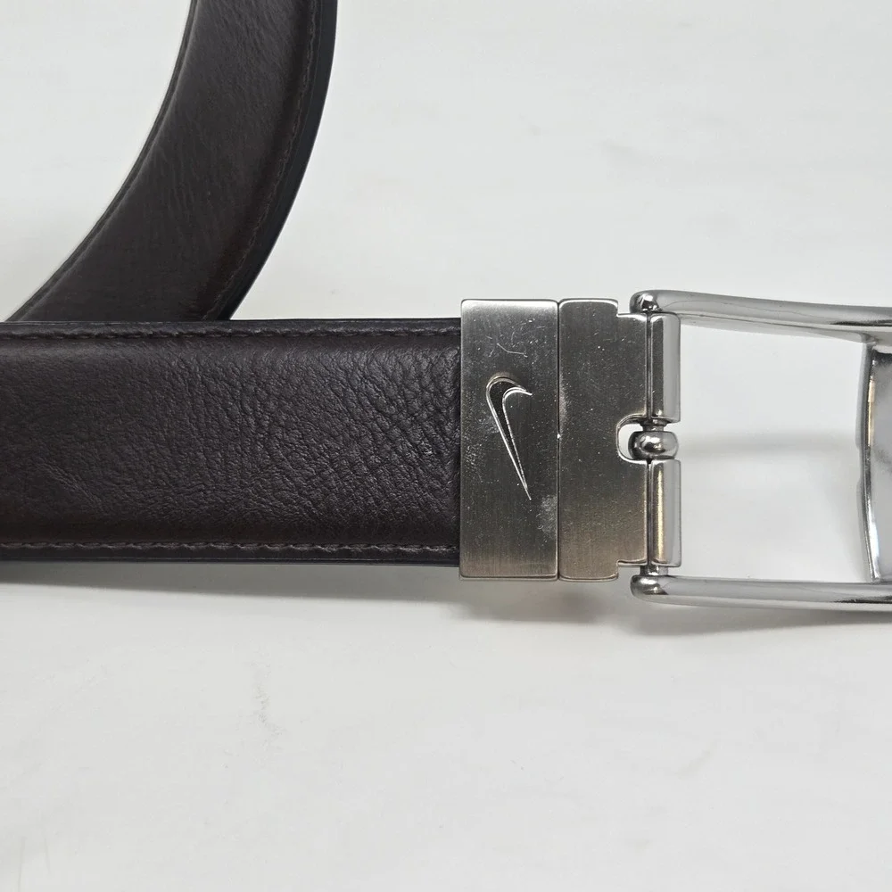 Nike Mens Reversible Leather Belt Black Brown Silver Buckle Swoosh Logo 34 36